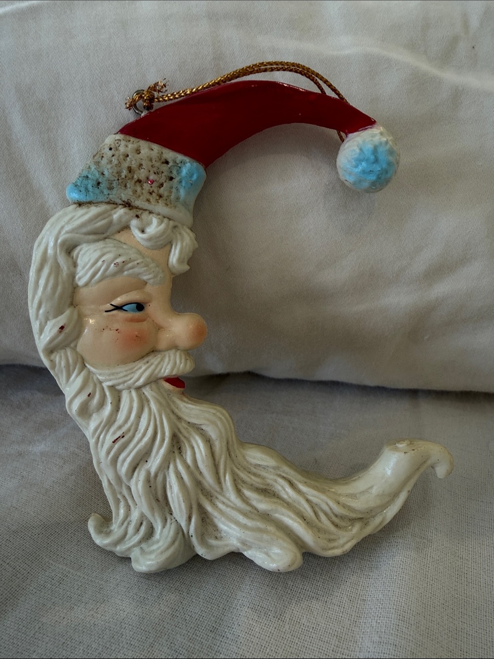 Vintage Santa Claus Crescent Moon Christmas Ornament